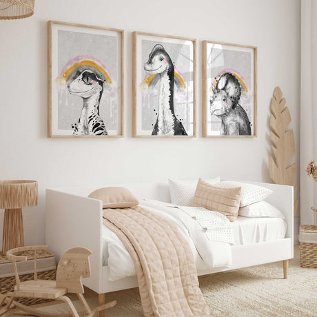 Girls dinosaur nursery wall art set of 3 with pastel rainbow designs
