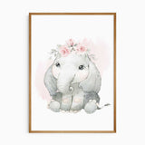 Girls elephant wall art set featuring floral baby elephant illustrations