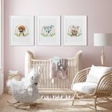 Australian baby animal print set with koala, platypus and wombat portraits, pink flowers and coordinating leafy wreaths.