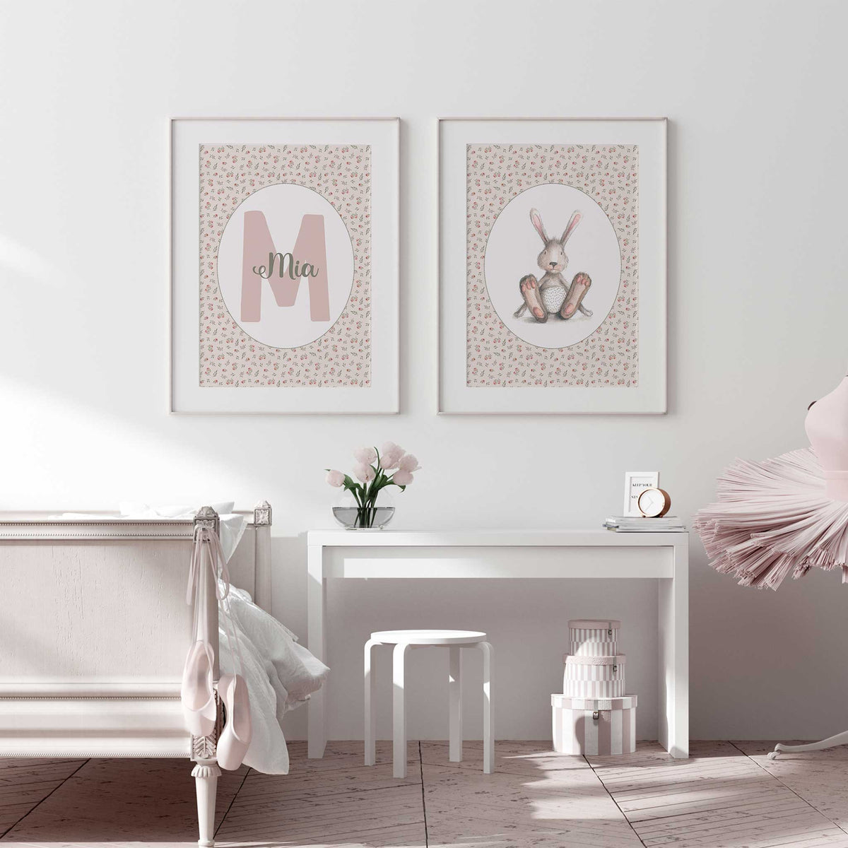 Matching bunny and Mia name prints with a blush pink initial, green script lettering and a repeating pink rose surround.