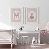 Matching bunny and Mia name prints with a blush pink initial, green script lettering and a repeating pink rose surround.