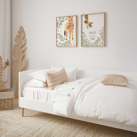 Girls hello little one giraffe safari nursery wall art with blush floral accents