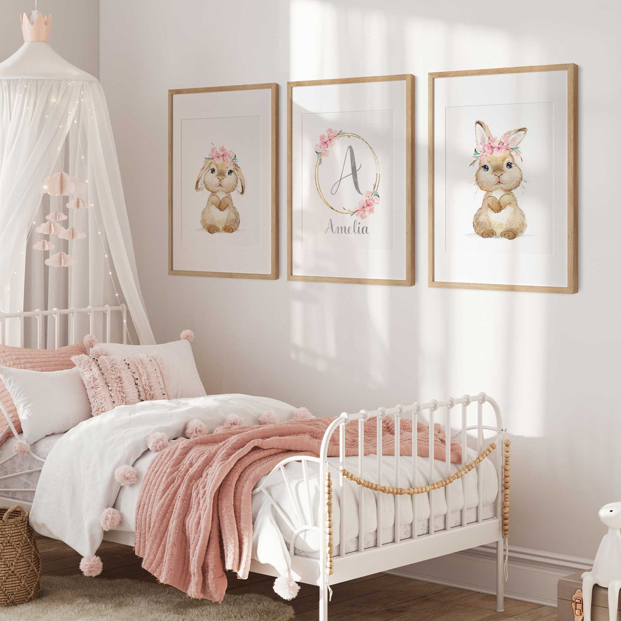 Set of bunny nursery prints designed for girls bedroom decor