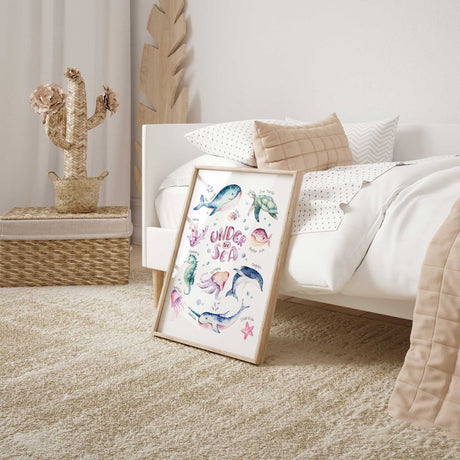 Girls nursery wall art print featuring watercolour sea creatures, perfect for ocean-themed decor