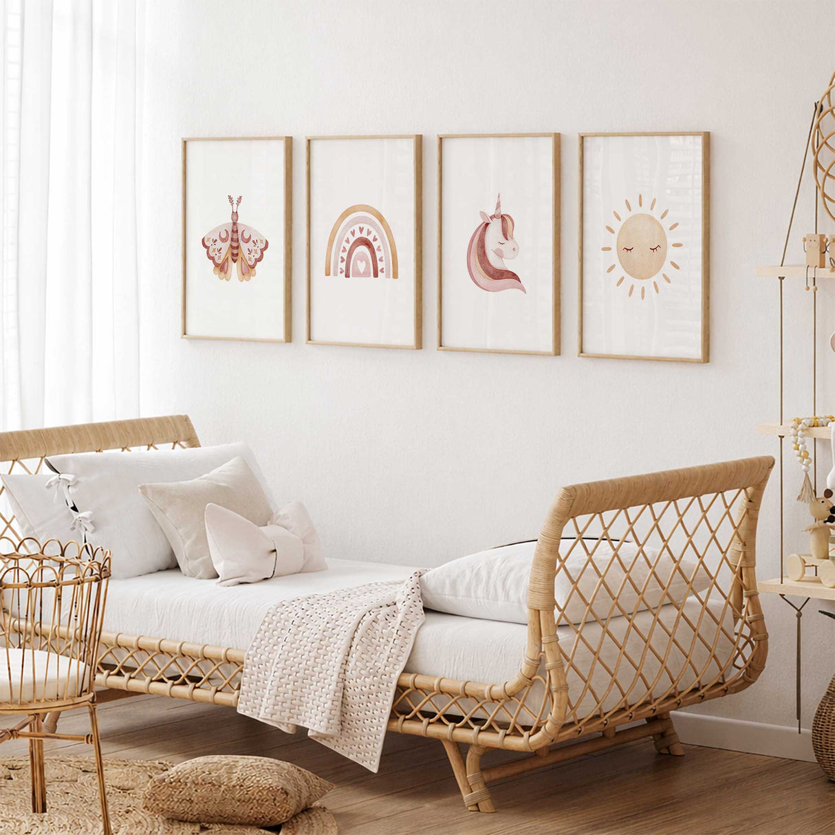 pink unicorn wall art for girls nursery with soft blush tones