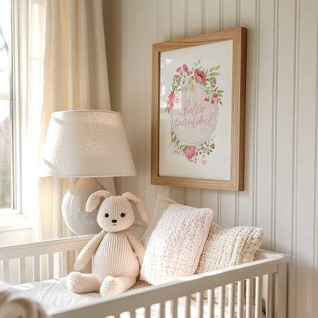 Botanical girls nursery wall art with pink and red flowers around a motivational quote