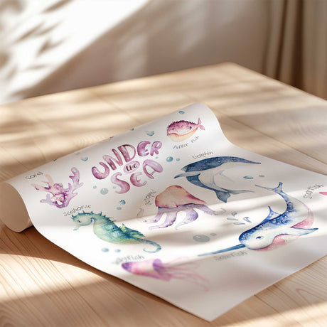 Girls ocean nursery print with pink and purple watercolour sea animals for baby room decor