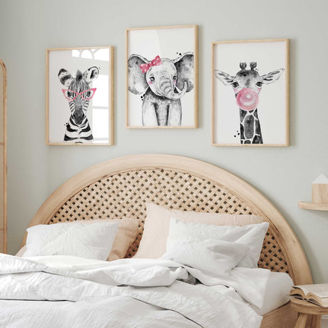 Girls playroom wall art animal prints set of three in black and white with pink details