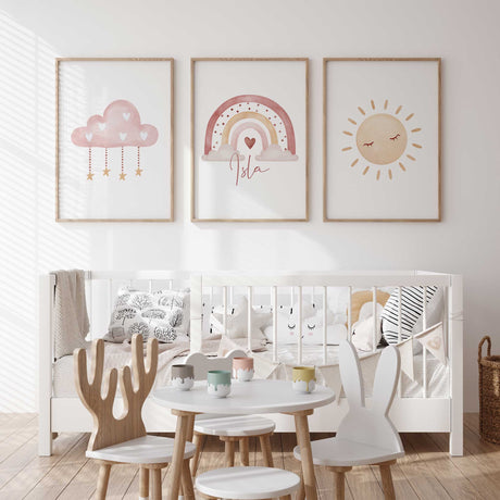 Soft pink cloud nursery wall art with hearts and gold stars
