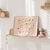Girls’ room animal world map print with a pink background and bright wildlife illustrations across the continents