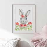 Girls wall art print featuring sweet bunny and soft red flowers