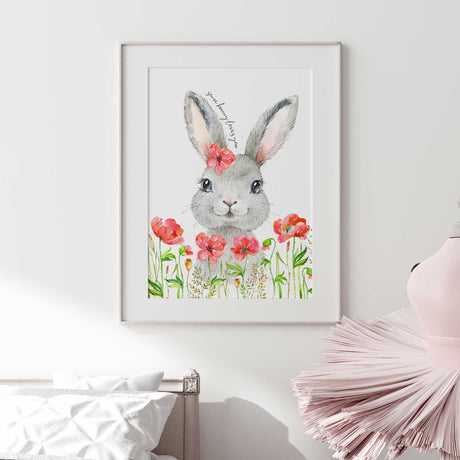 Girls wall art print featuring sweet bunny and soft red flowers
