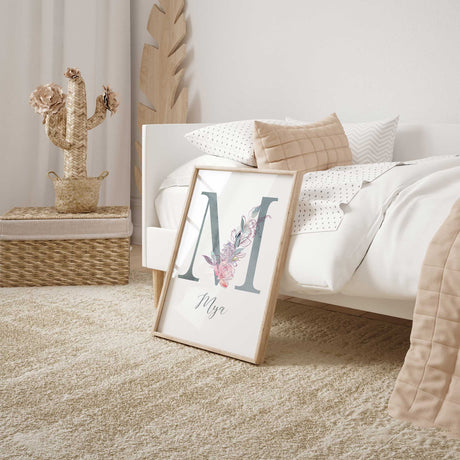 Personalised girls room wall art featuring a floral watercolour initial with soft pastel flowers and custom name in elegant script.