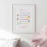 Girls bedroom princess wall print with custom name and magical illustrations