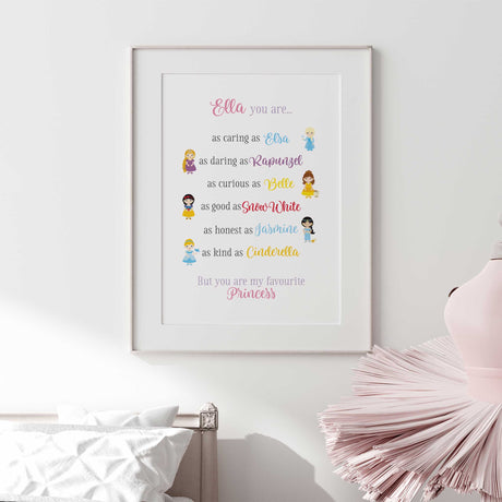 Girls bedroom princess wall print with custom name and magical illustrations