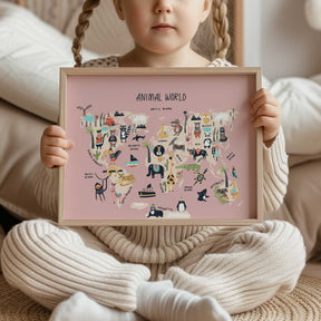 Animal World map print with cute explorer animals for nursery wall art