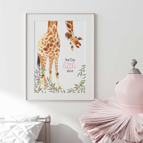 Girls safari giraffe nursery print with floral details