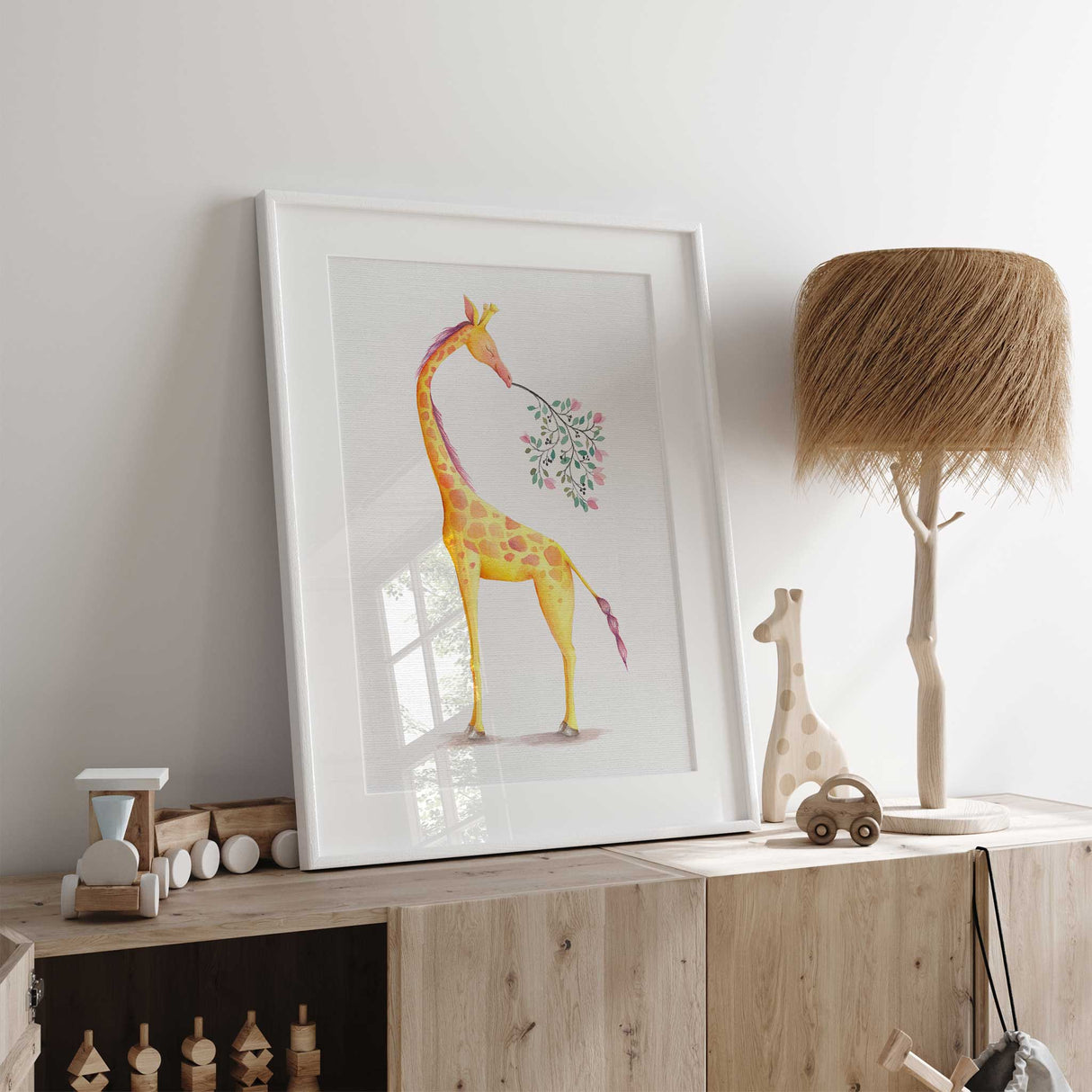 Girls safari giraffe wall art print with calm watercolour style
