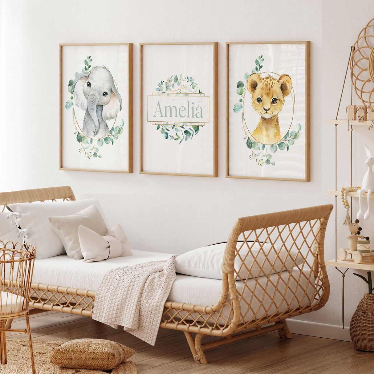 girls safari nursery decor prints with baby animals and custom name artwork