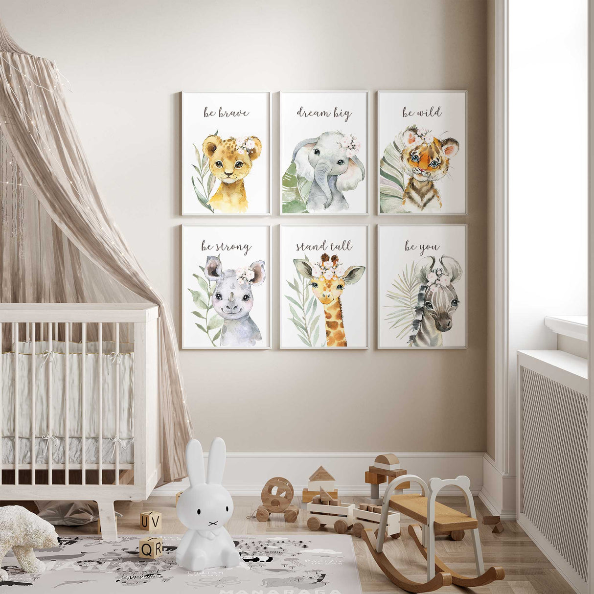 Girls safari nursery wall art set with watercolour jungle animals and quotes