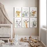 Girls safari nursery wall art set with watercolour jungle animals and quotes