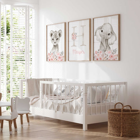 Set of 3 girls safari nursery wall art prints with elephant, lion cub and personalised name