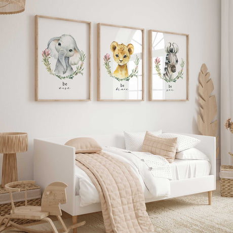 Girls safari nursery wall art set of three with zebra lion cub and elephant