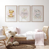girls safari nursery wall art set in soft pink and pastel tones