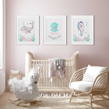 Girls under the sea wall art set with personalised name print