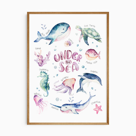Girls Under the Sea nursery wall art with whale, dolphin and sea turtle in pastel colors