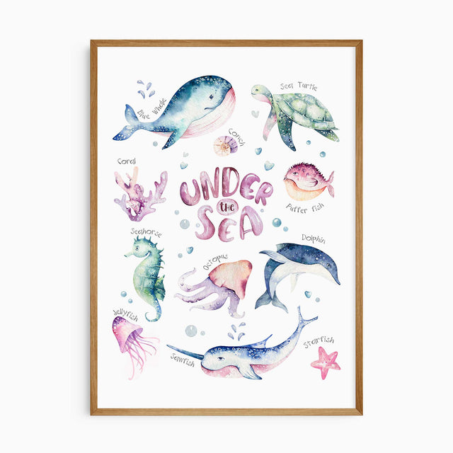 Girls Under the Sea nursery wall art with whale, dolphin and sea turtle in pastel colors