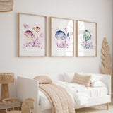 Girls Under the Sea nursery wall art set of 3 featuring pink whale, turtle, and fish watercolour prints for coastal girls room decor.
