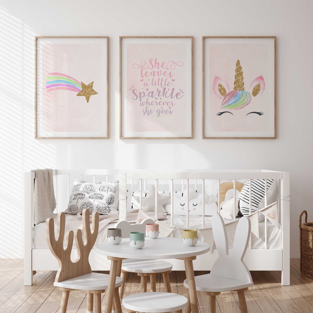 Unicorn face, rainbow shooting star and sparkle quote prints with pale pink backgrounds and matching pastel colours.