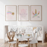 Unicorn face, rainbow shooting star and sparkle quote prints with pale pink backgrounds and matching pastel colours.