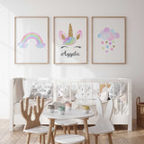 Set of 3 nursery prints featuring a rainbow, unicorn, and cloud with hearts, perfect for kids room decor