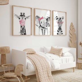 Girls wall art set of three with giraffe elephant and zebra prints in pink accents