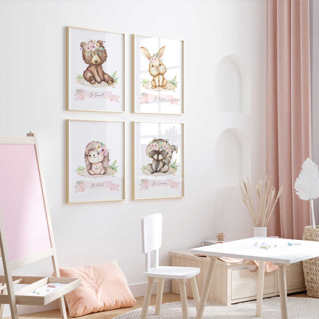 Girls woodland animal wall art set with floral animal illustrations and affirmations