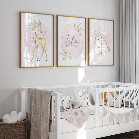 Girls woodland nursery wall art in soft blush pink with floral details