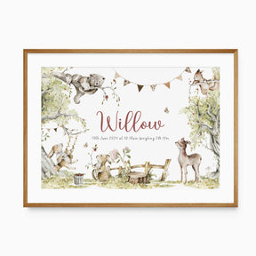 A personalized birth print with a woodland theme, featuring illustrations of animals such as a bear, fox, and rabbit, with a deer in the background. The print includes a customised name birth details.