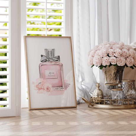Pink perfume bottle illustration with delicate flower details, ideal for fashion or glam-themed spaces
