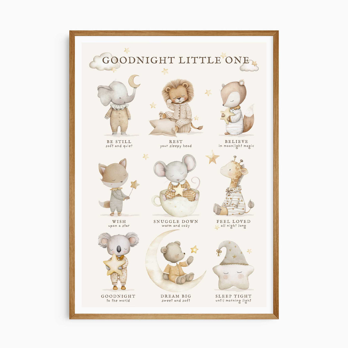Goodnight Little One nursery print with sleepy animals, stars and moon details for a baby nursery or young child’s bedroom.