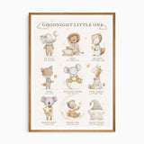 Goodnight Little One nursery print with sleepy animals, stars and moon details for a baby nursery or young child’s bedroom.