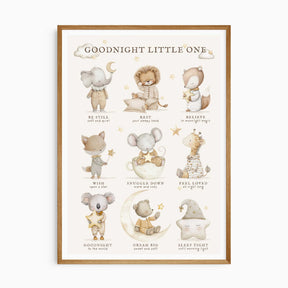 Goodnight Little One nursery print with sleepy animals, stars and moon details for a baby nursery or young child’s bedroom.