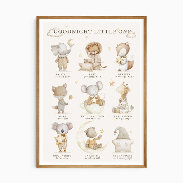 Goodnight Little One nursery print with sleepy animals, stars and moon details for a baby nursery or young child’s bedroom.