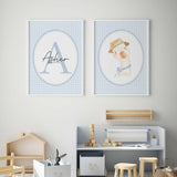 Watercolour goose nursery print with straw hat and bow on blue gingham background