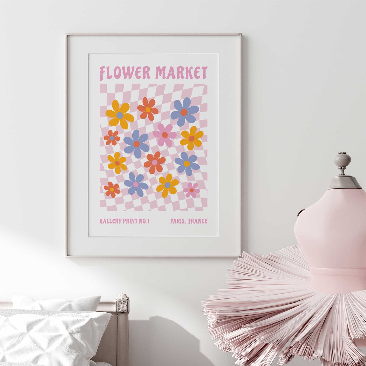 Graphic flower wall art for girls room with colourful floral design