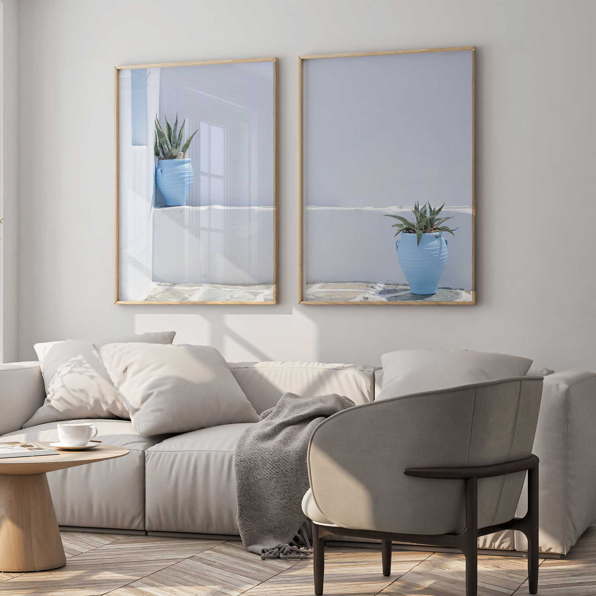Greek-inspired wall art set of two with blue pots, green plants and softly textured white architecture
