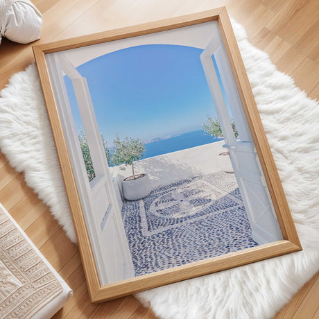 Greek Mediterranean wall art depicting a white arched Santorini patio overlooking the blue Aegean Sea