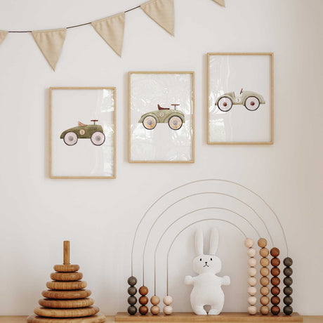 Vintage Green toy car prints featuring three numbered cars in olive, muted green and pale grey-green on white.