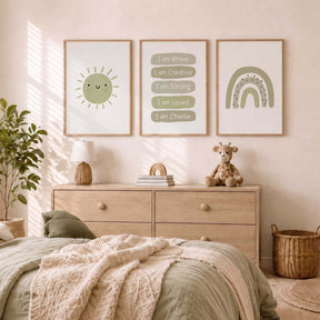 Green sun and rainbow prints with a matching personalised affirmation print 